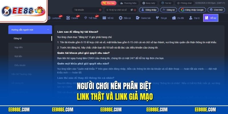 Người chơi nên phân biệt link EE88 thật và link giả mạo